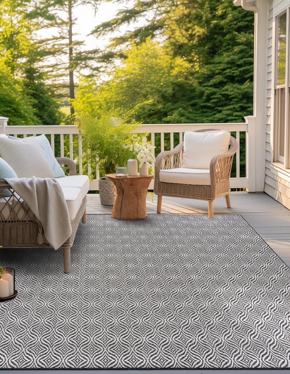 Charcoal 7' 10 x 7' 10 Outdoor Trellis Square Area Rug Weather Resistant for Patio, Deck, Terrace, Balcony, Porch Geometric Design Water Safe Outside Carpet for Sale at Rug Engine