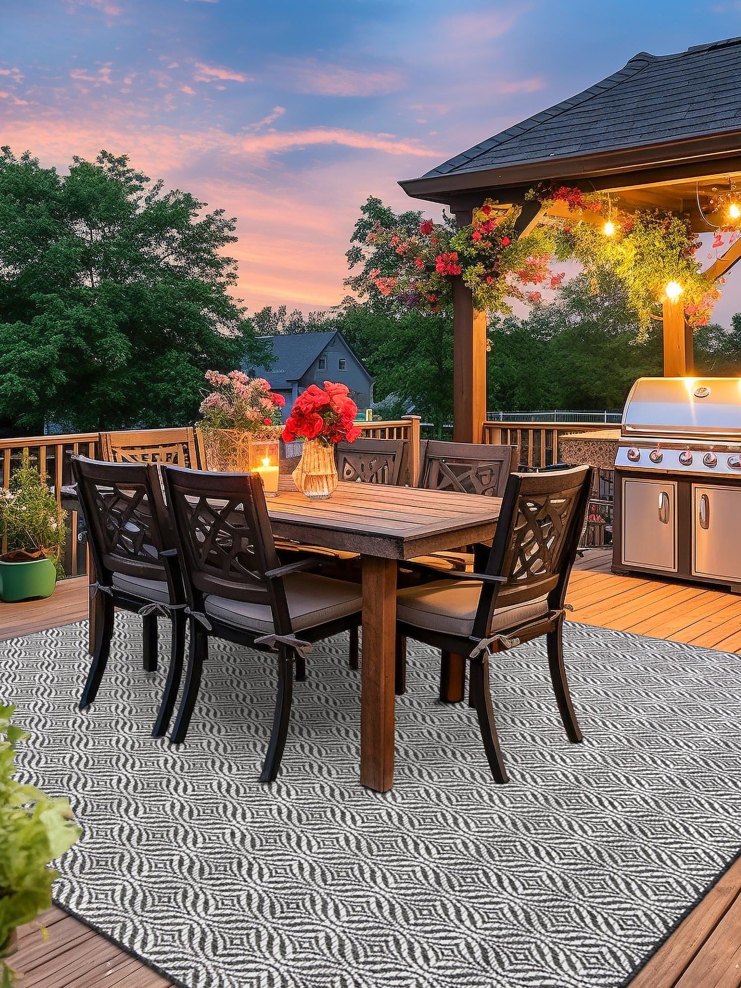 Charcoal 5' 3 x 5' 3 Outdoor Trellis Square Area Rug Weather Resistant for Patio, Deck, Terrace, Balcony, Porch Geometric Design Water Safe Outside Carpet for Sale at Rug Engine