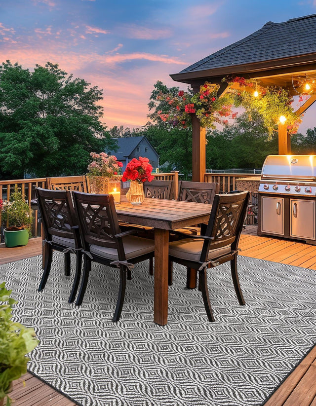 Charcoal 5' 3 x 5' 3 Outdoor Trellis Square Area Rug Weather Resistant for Patio, Deck, Terrace, Balcony, Porch Geometric Design Water Safe Outside Carpet for Sale at Rug Engine