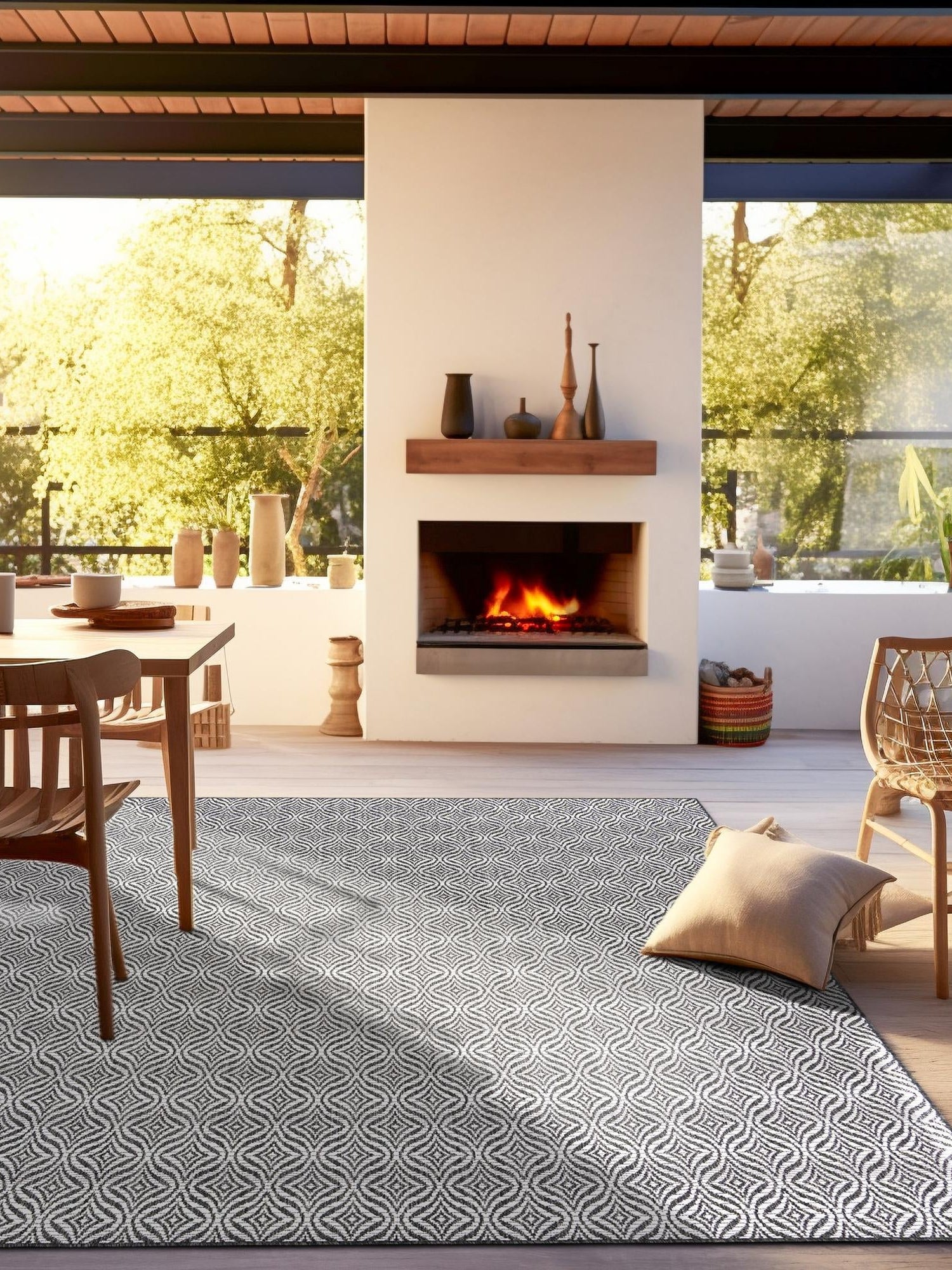 Charcoal 5' 3 x 5' 3 Outdoor Trellis Square Area Rug Weather Resistant for Patio, Deck, Terrace, Balcony, Porch Geometric Design Water Safe Outside Carpet for Sale at Rug Engine