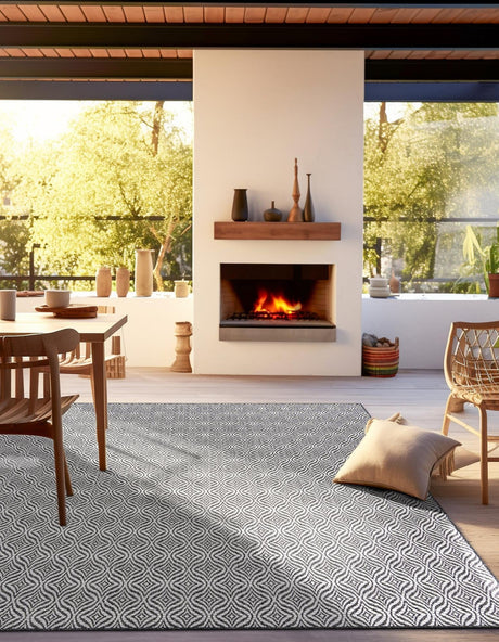 Charcoal 5' 3 x 5' 3 Outdoor Trellis Square Area Rug Weather Resistant for Patio, Deck, Terrace, Balcony, Porch Geometric Design Water Safe Outside Carpet for Sale at Rug Engine