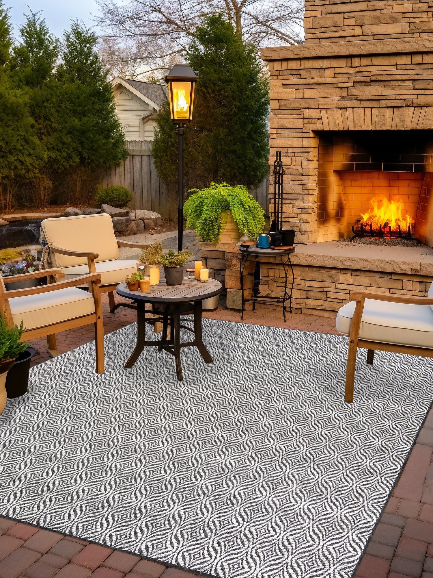 Charcoal 5' 3 x 5' 3 Outdoor Trellis Square Area Rug Weather Resistant for Patio, Deck, Terrace, Balcony, Porch Geometric Design Water Safe Outside Carpet for Sale at Rug Engine