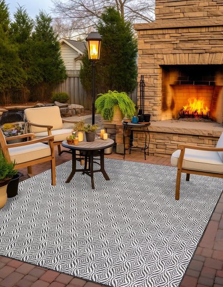 Charcoal 5' 3 x 5' 3 Outdoor Trellis Square Area Rug Weather Resistant for Patio, Deck, Terrace, Balcony, Porch Geometric Design Water Safe Outside Carpet for Sale at Rug Engine
