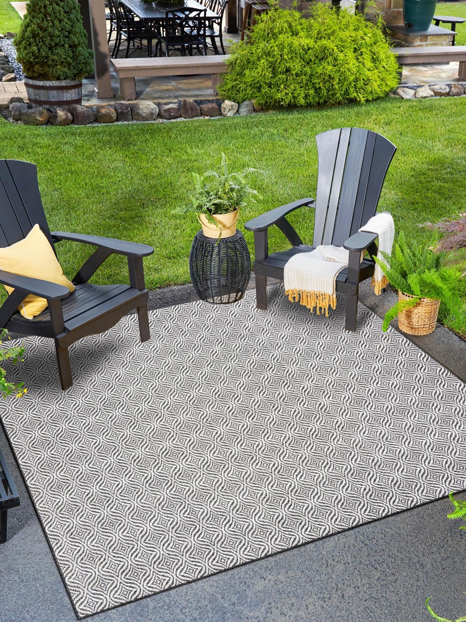 Charcoal 12' x 12' Outdoor Trellis Square Area Rug Weather Resistant for Patio, Deck, Terrace, Balcony, Porch Geometric Design Water Safe Outside Carpet for Sale at Rug Engine