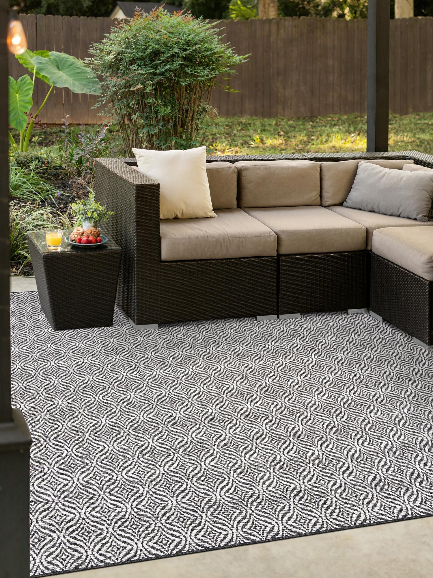 Charcoal 5' 3 x 5' 3 Outdoor Trellis Square Area Rug Weather Resistant for Patio, Deck, Terrace, Balcony, Porch Geometric Design Water Safe Outside Carpet for Sale at Rug Engine
