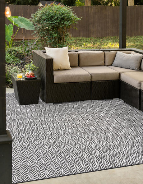 Charcoal 5' 3 x 5' 3 Outdoor Trellis Square Area Rug Weather Resistant for Patio, Deck, Terrace, Balcony, Porch Geometric Design Water Safe Outside Carpet for Sale at Rug Engine