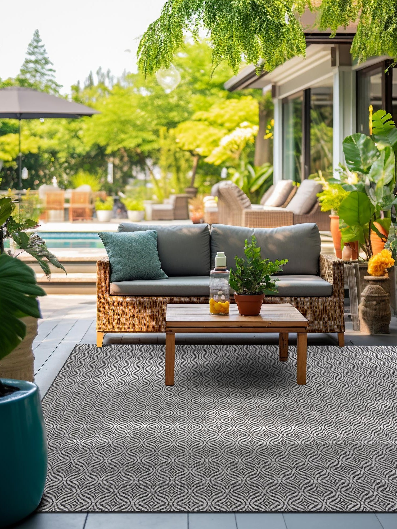 Charcoal 5' 3 x 5' 3 Outdoor Trellis Square Area Rug Weather Resistant for Patio, Deck, Terrace, Balcony, Porch Geometric Design Water Safe Outside Carpet for Sale at Rug Engine