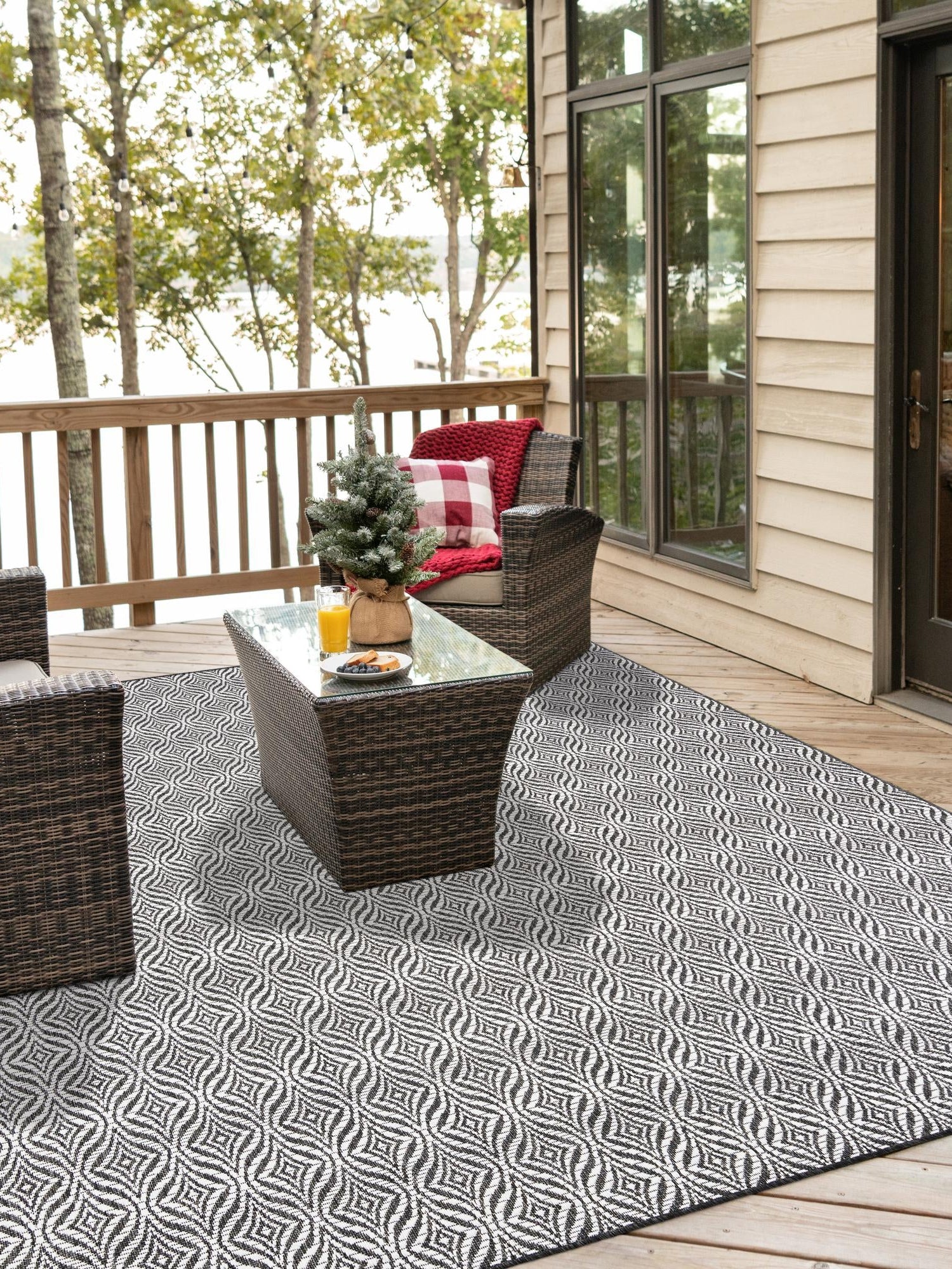Charcoal 5' 3 x 5' 3 Outdoor Trellis Square Area Rug Weather Resistant for Patio, Deck, Terrace, Balcony, Porch Geometric Design Water Safe Outside Carpet for Sale at Rug Engine