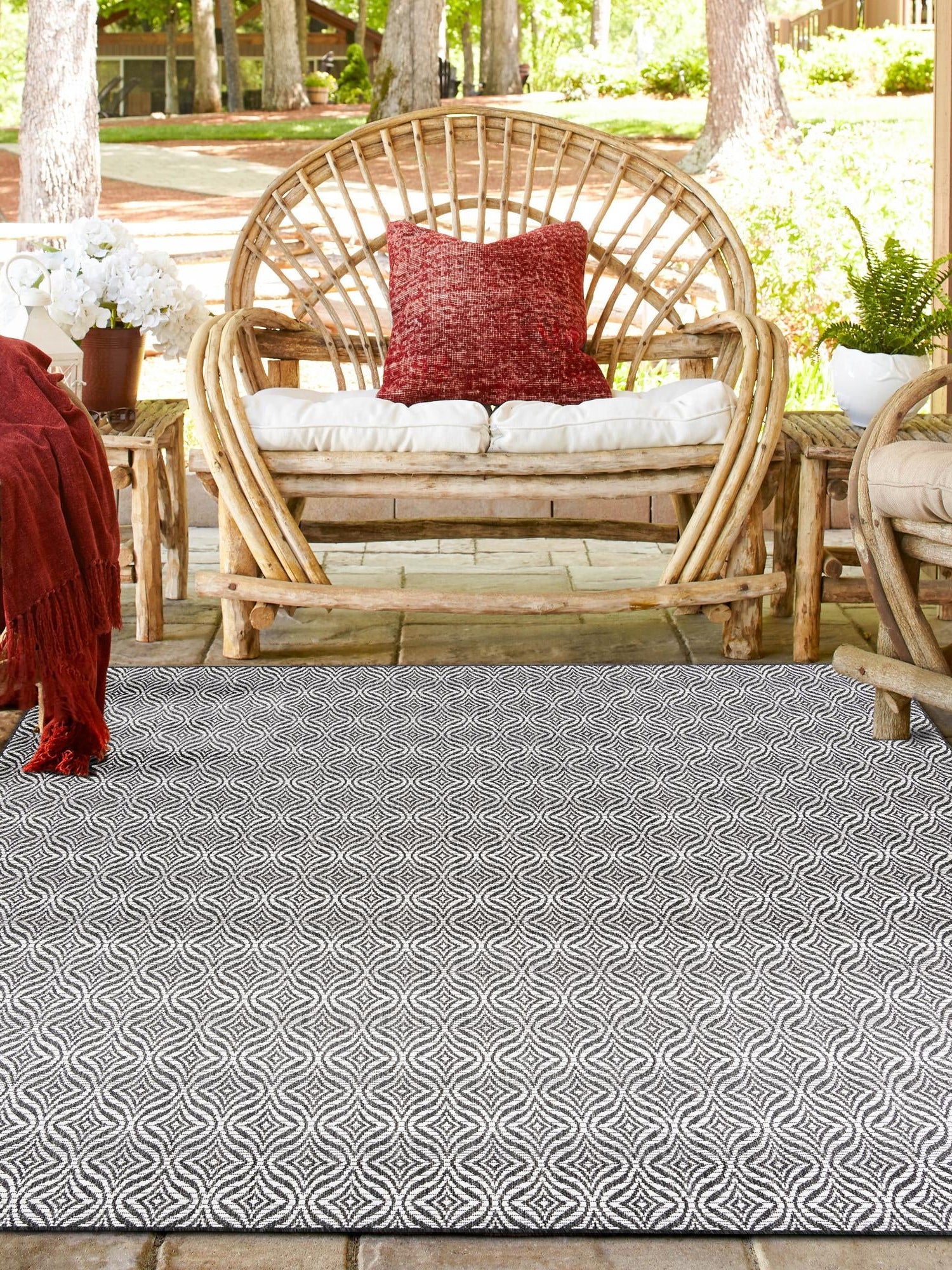 Charcoal 5' 3 x 5' 3 Outdoor Trellis Square Area Rug Weather Resistant for Patio, Deck, Terrace, Balcony, Porch Geometric Design Water Safe Outside Carpet for Sale at Rug Engine