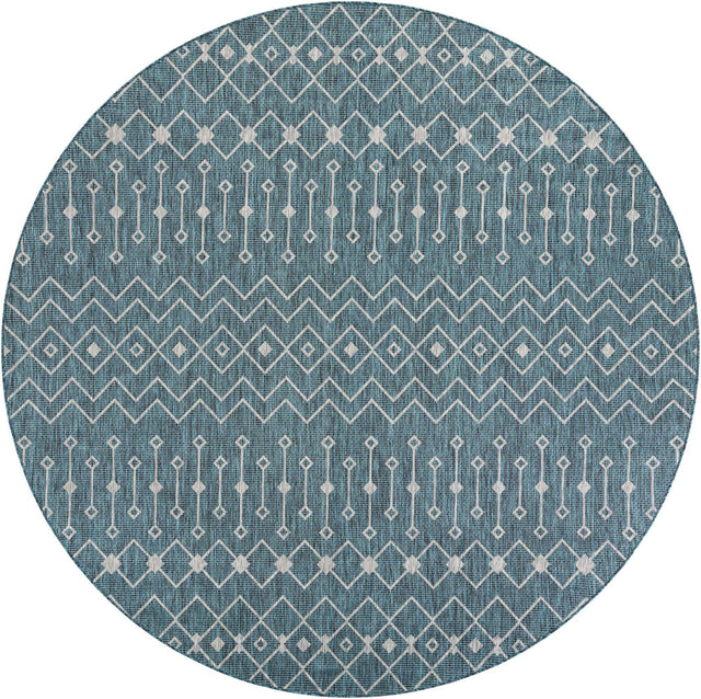 Teal 10' x 10' Outdoor Trellis Round Area Rug Weather Resistant for Patio, Deck, Terrace, Balcony, Porch Geometric Design Water Safe Outside Carpet for Sale at Rug Engine