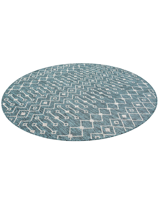 Teal 6' 1 x 6' 1 Outdoor Trellis Round Area Rug Weather Resistant for Patio, Deck, Terrace, Balcony, Porch Geometric Design Water Safe Outside Carpet for Sale at Rug Engine