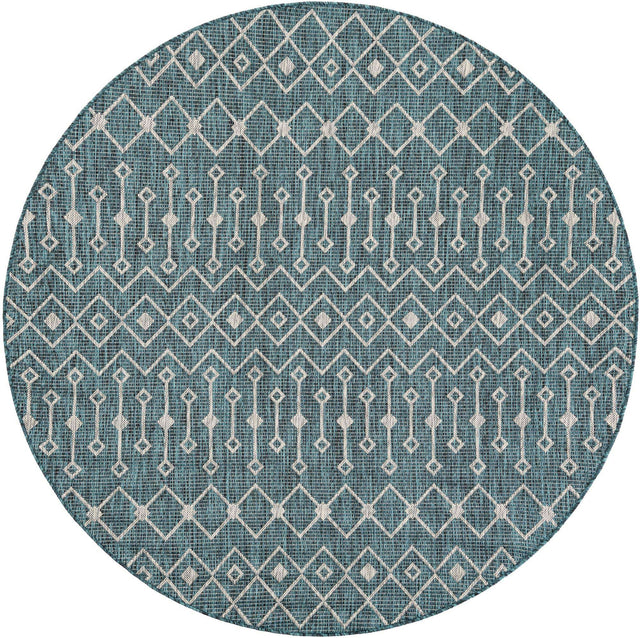 Teal 6' 1 x 6' 1 Outdoor Trellis Round Area Rug Weather Resistant for Patio, Deck, Terrace, Balcony, Porch Geometric Design Water Safe Outside Carpet for Sale at Rug Engine