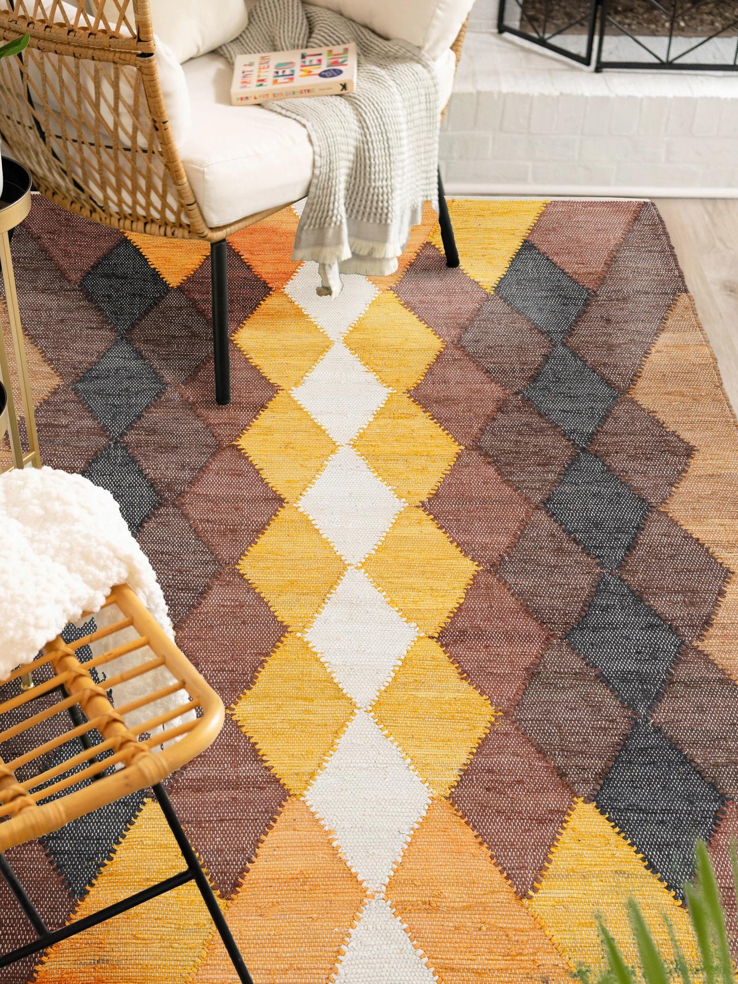 Brown Yellow Black 6' 1 x 9' Chindi Cotton Rectangle Area Rug Interior Design Home Decor Carpet Mat for Sale at Rug Engine
