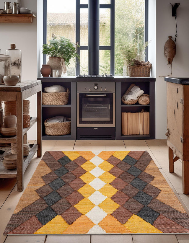 Brown Yellow Black 5' 1 x 8' Chindi Cotton Rectangle Rug