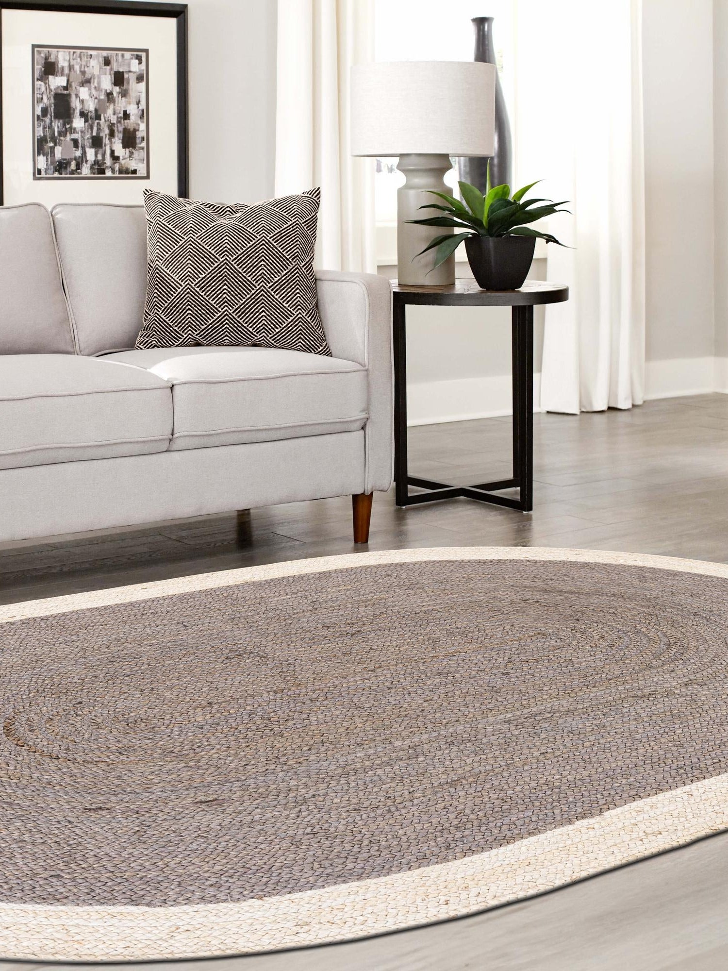 Gray and White 4' 1 x 6' 1 Braided Jute Oval Area Rug 100% Jute Hand Braided Natural Eco-Friendly Boho Style Carpet for Living Rooms Dining Office Space Dorms for Sale at Rug Engine