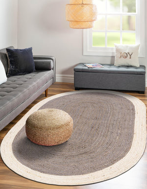 Gray and White 8' x 10' Braided Jute Oval Rug