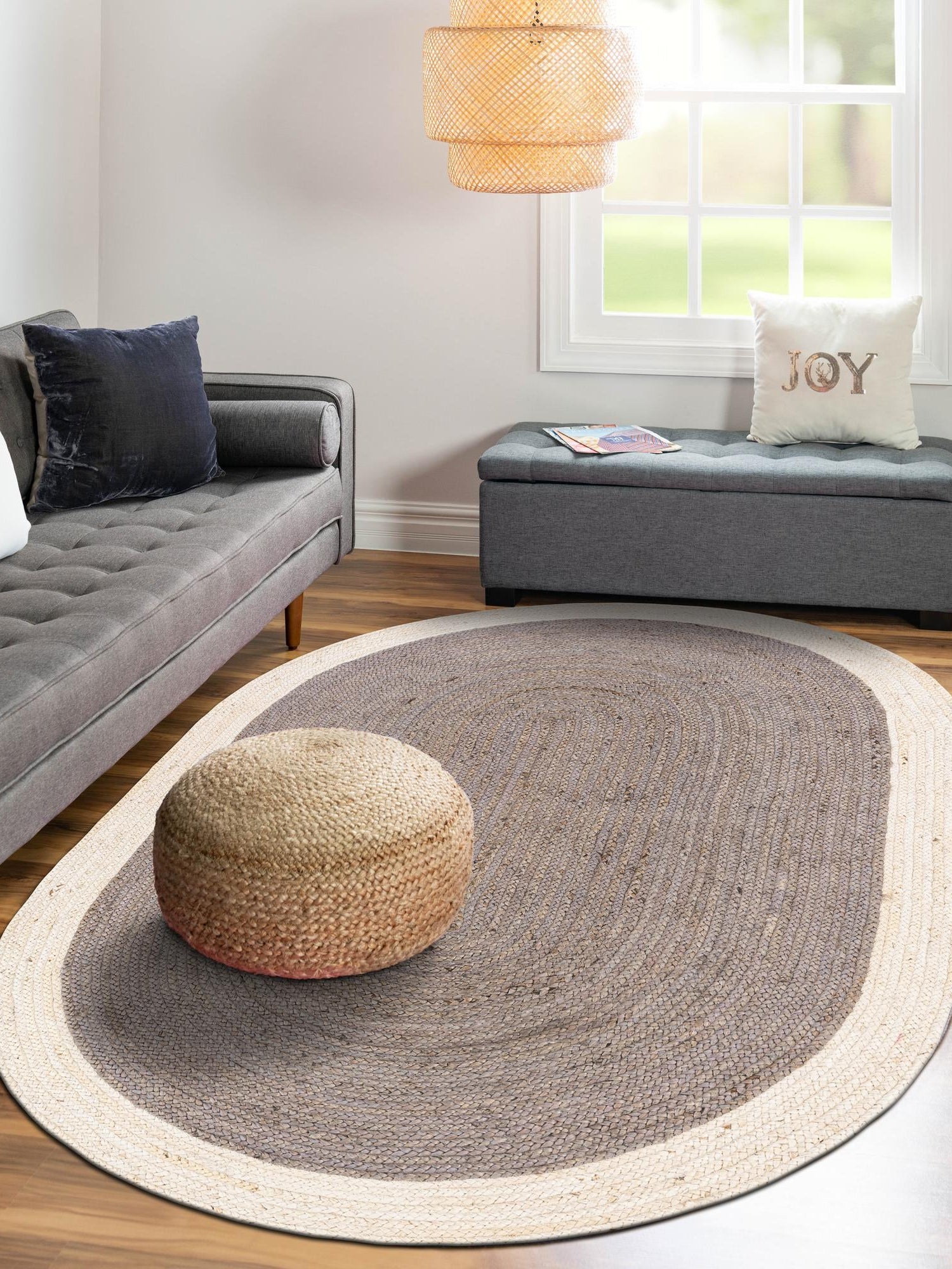 Gray and White 3' 1 x 5' 1 Braided Jute Oval Area Rug 100% Jute Hand Braided Natural Eco-Friendly Boho Style Carpet for Living Rooms Dining Office Space Dorms for Sale at Rug Engine