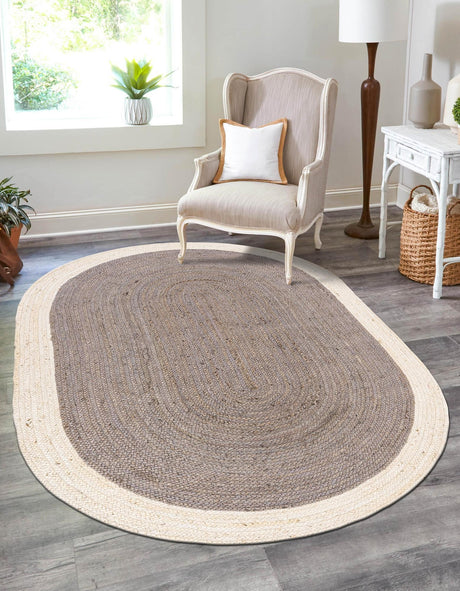 Gray and White 7' 10 x 10' Braided Jute Oval Area Rug 100% Jute Hand Braided Natural Eco-Friendly Boho Style Carpet for Living Rooms Dining Office Space Dorms for Sale at Rug Engine