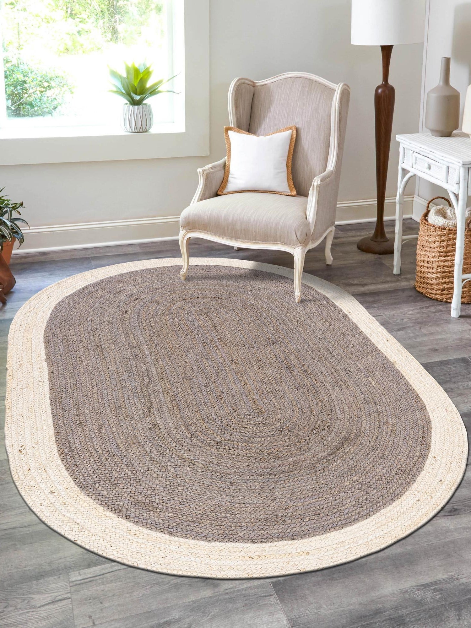 Gray and White 5' 1 x 8' Braided Jute Oval Area Rug 100% Jute Hand Braided Natural Eco-Friendly Boho Style Carpet for Living Rooms Dining Office Space Dorms for Sale at Rug Engine