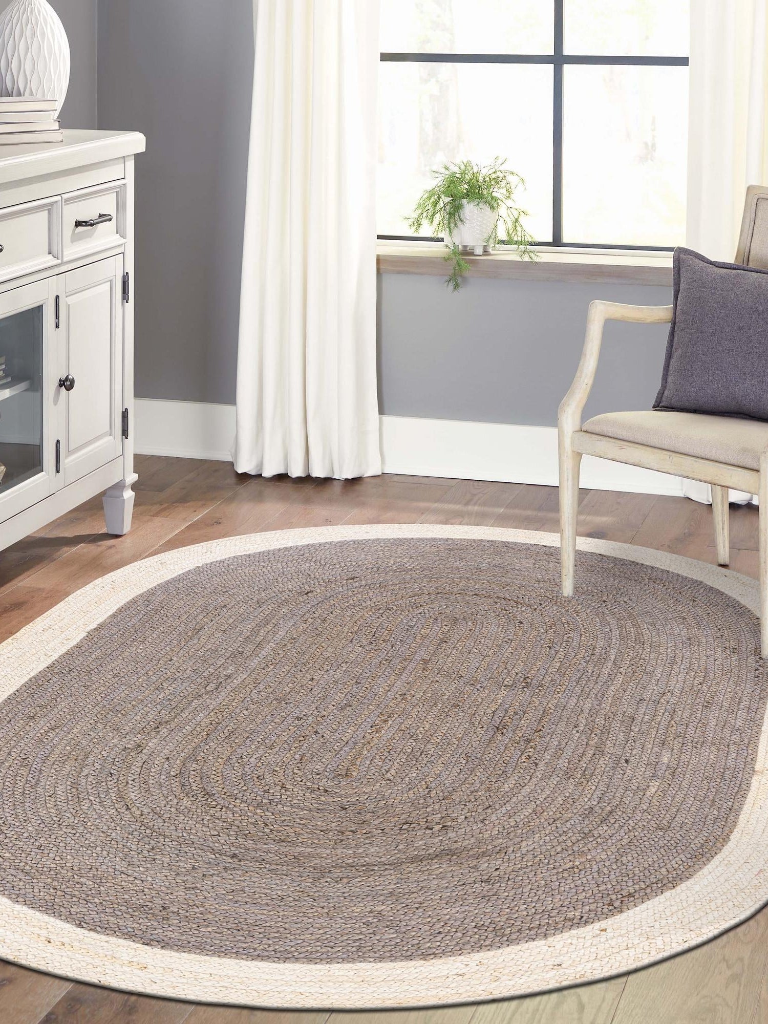 Gray and White 4' 1 x 6' 1 Braided Jute Oval Area Rug 100% Jute Hand Braided Natural Eco-Friendly Boho Style Carpet for Living Rooms Dining Office Space Dorms for Sale at Rug Engine