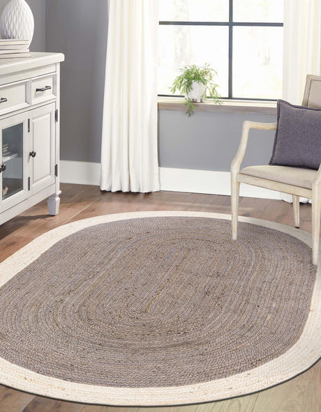 Gray and White 4' 1 x 6' 1 Braided Jute Oval Area Rug 100% Jute Hand Braided Natural Eco-Friendly Boho Style Carpet for Living Rooms Dining Office Space Dorms for Sale at Rug Engine