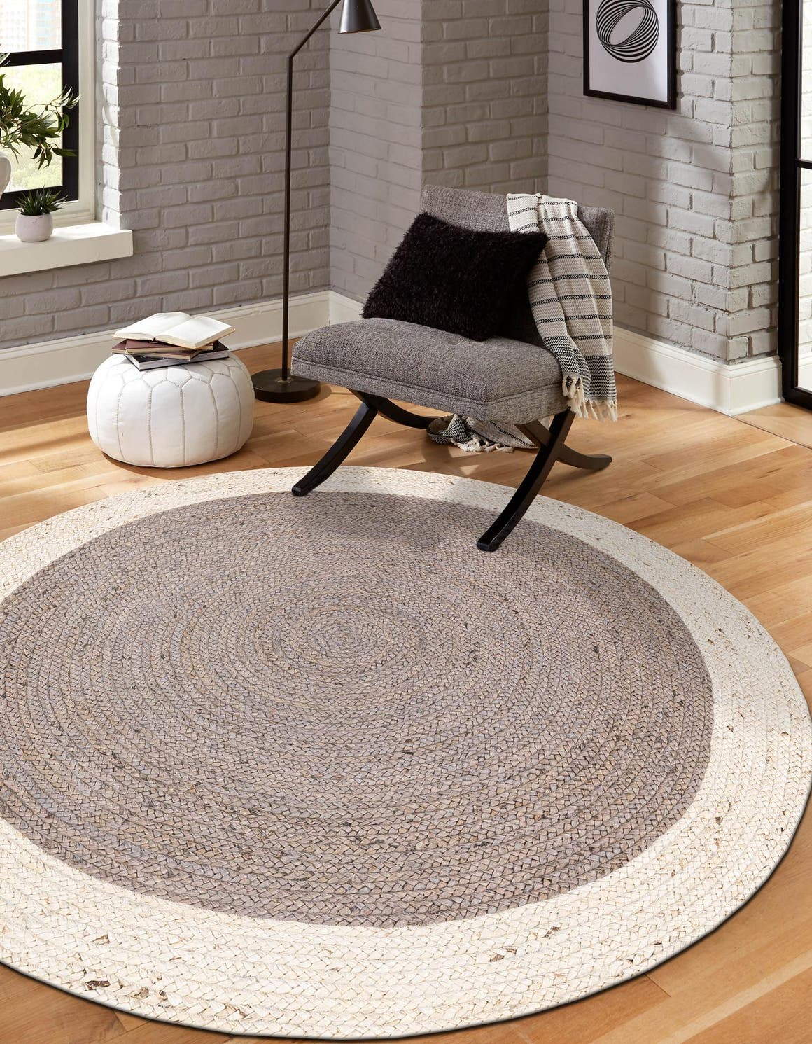 Gray and White 5' 1 x 5' 1 Braided Jute Round Area Rug 100% Jute Hand Braided Natural Eco-Friendly Boho Style Carpet for Living Rooms Dining Office Space Dorms for Sale at Rug Engine