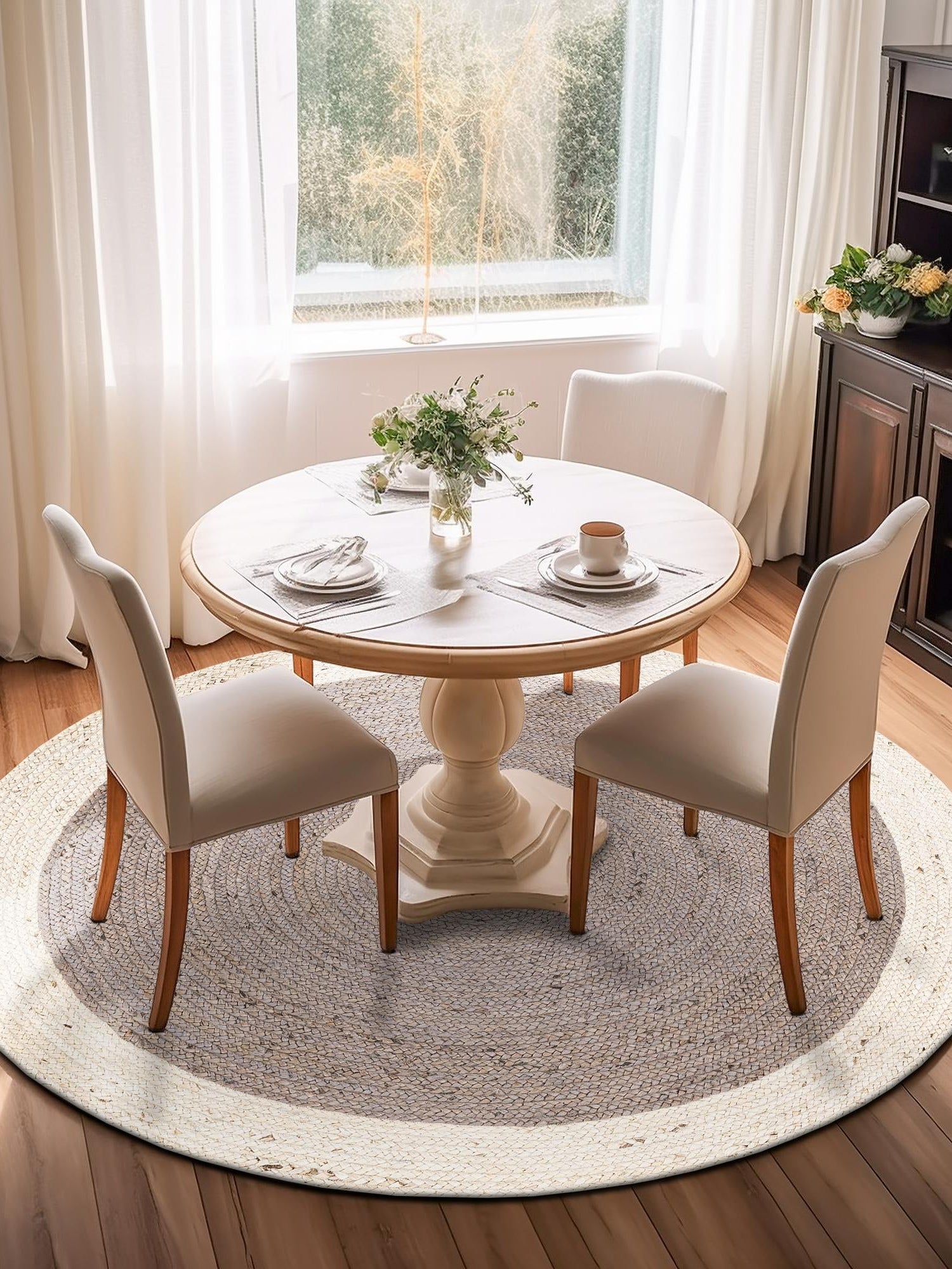 Gray and White 7' 10 x 7' 10 Braided Jute Round Area Rug 100% Jute Hand Braided Natural Eco-Friendly Boho Style Carpet for Living Rooms Dining Office Space Dorms for Sale at Rug Engine