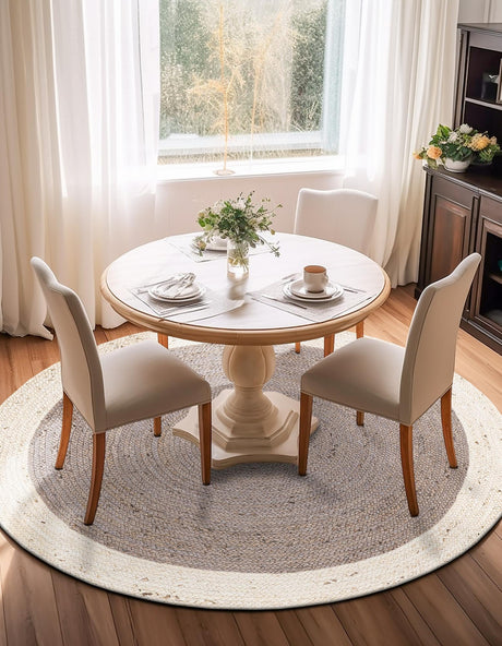 Gray and White 7' 10 x 7' 10 Braided Jute Round Area Rug 100% Jute Hand Braided Natural Eco-Friendly Boho Style Carpet for Living Rooms Dining Office Space Dorms for Sale at Rug Engine
