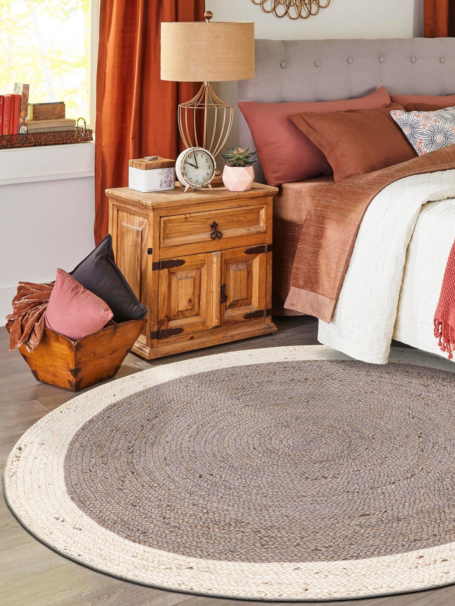 Gray and White 5' 1 x 5' 1 Braided Jute Round Area Rug 100% Jute Hand Braided Natural Eco-Friendly Boho Style Carpet for Living Rooms Dining Office Space Dorms for Sale at Rug Engine