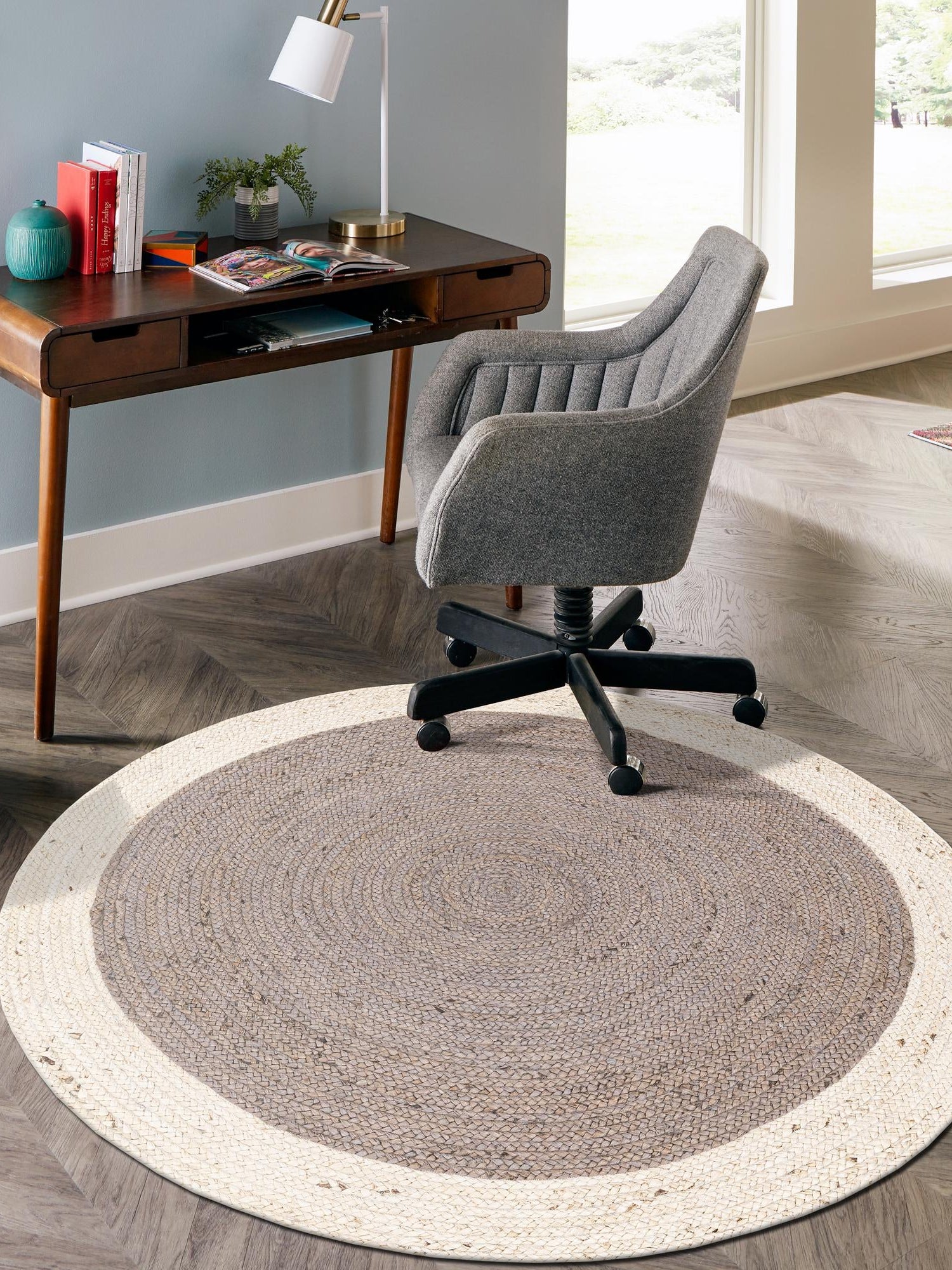 Gray and White 7' 10 x 7' 10 Braided Jute Round Area Rug 100% Jute Hand Braided Natural Eco-Friendly Boho Style Carpet for Living Rooms Dining Office Space Dorms for Sale at Rug Engine
