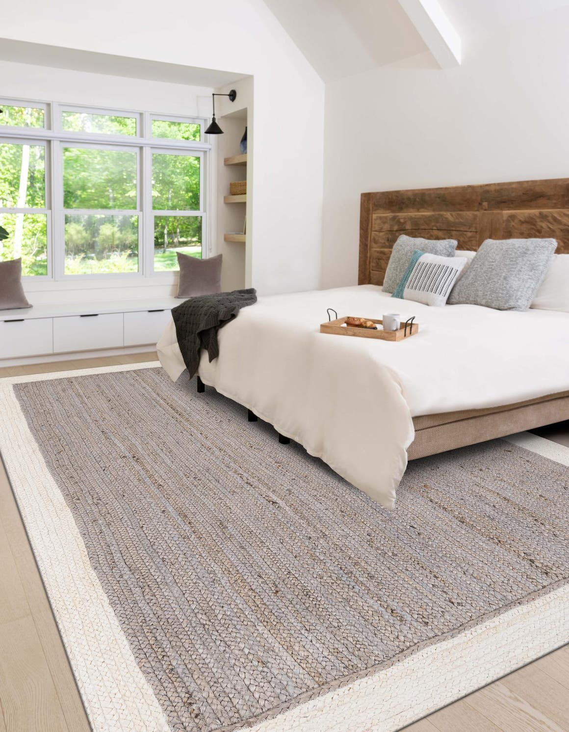 Gray and White 4' 1 x 6' 1 Braided Jute Rectangle Area Rug 100% Jute Hand Braided Natural Eco-Friendly Boho Style Carpet for Living Rooms Dining Office Space Dorms for Sale at Rug Engine