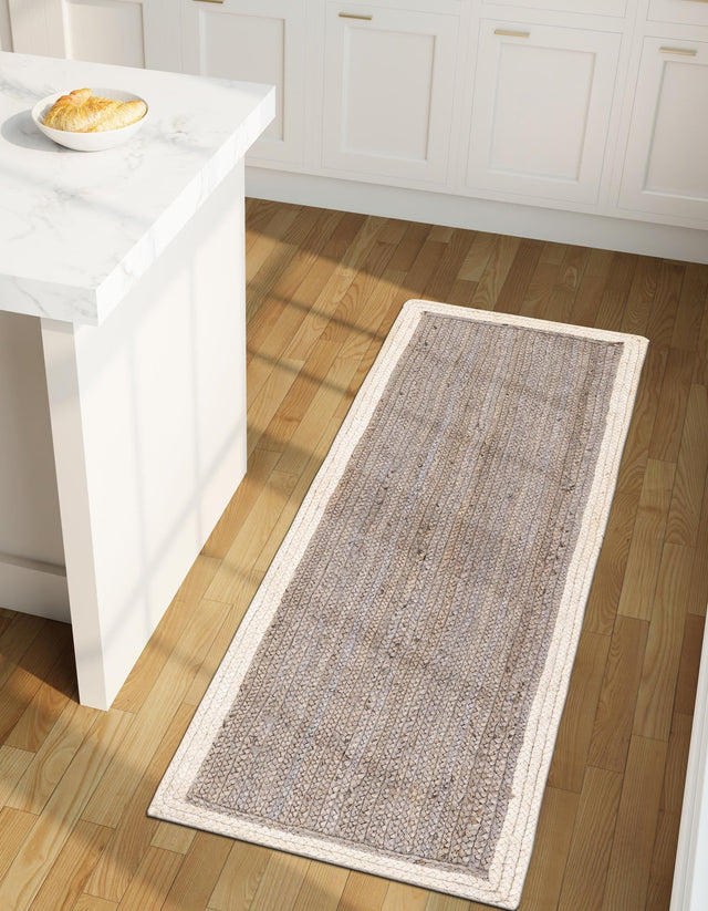 Gray and White 2' x 5' 1 Braided Jute Runner Rug