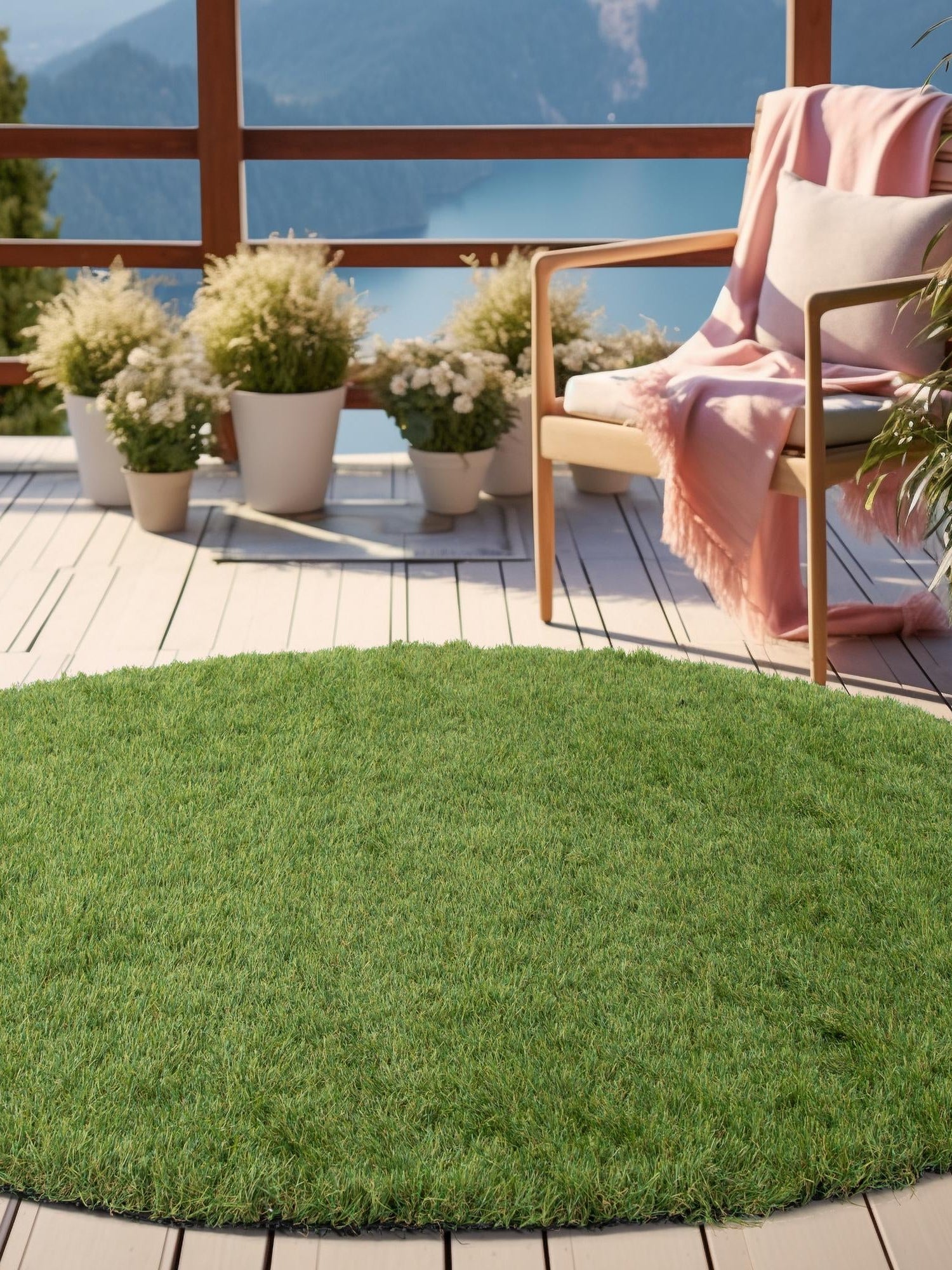 Green 10' x 10' Outdoor Grass Round Area Rug Thick Soft Touch Fluffy & Plush Shaggy Pile Weather Resistant for Patio, Deck, Terrace, Balcony, Porch