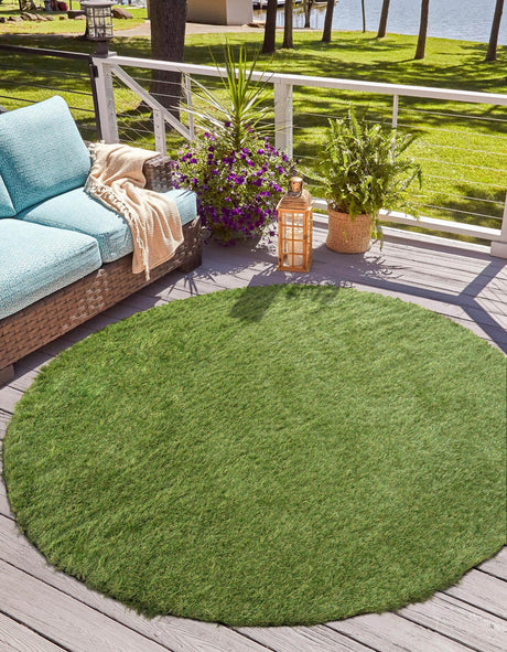 Green 6' 1 x 6' 1 Outdoor Grass Round Area Rug Thick Soft Touch Fluffy & Plush Shaggy Pile Weather Resistant for Patio, Deck, Terrace, Balcony, Porch Grass Carpet Mat for Sale at Rug Engine