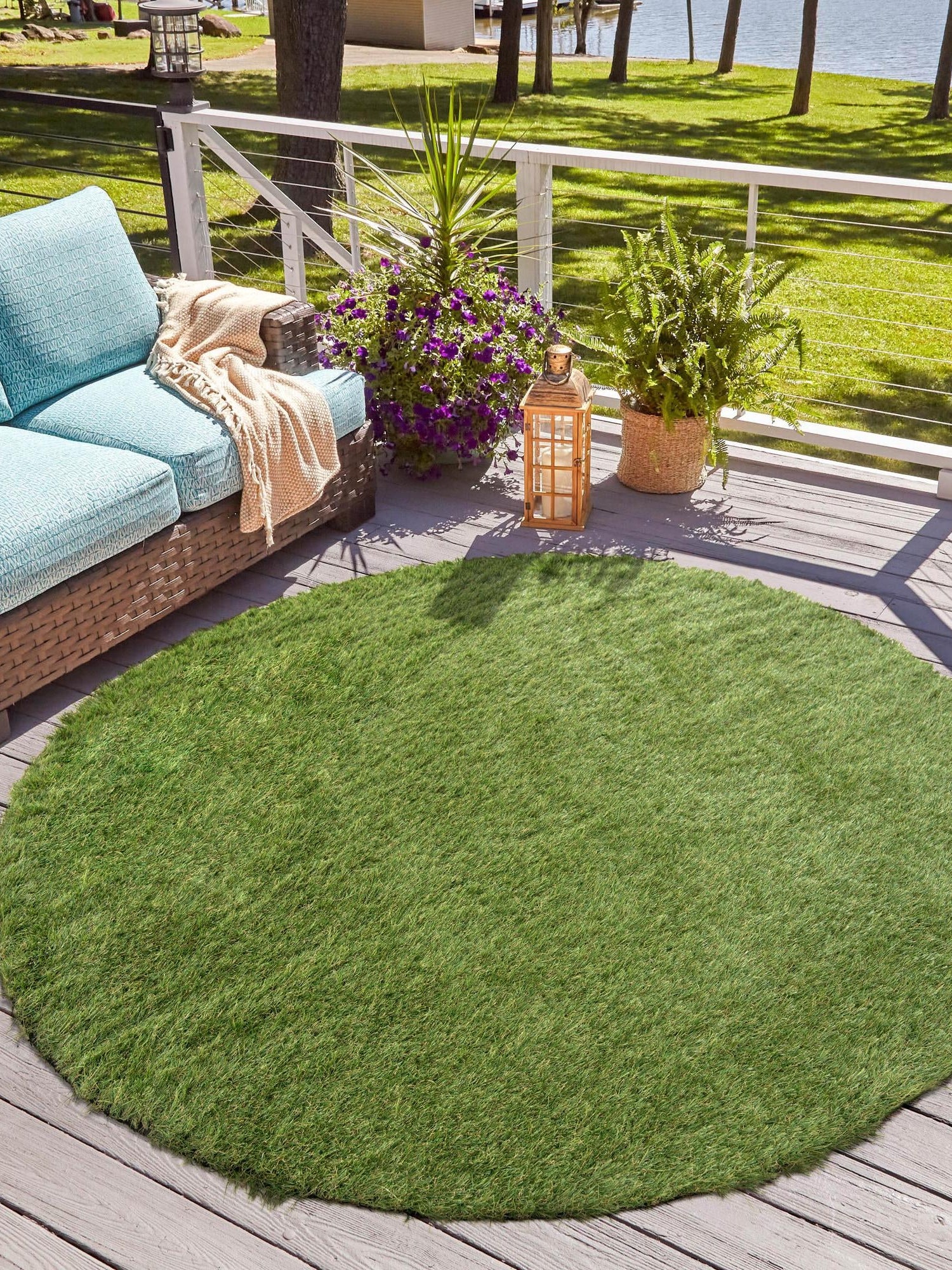 Green 10' x 10' Outdoor Grass Round Area Rug Thick Soft Touch Fluffy & Plush Shaggy Pile Weather Resistant for Patio, Deck, Terrace, Balcony, Porch