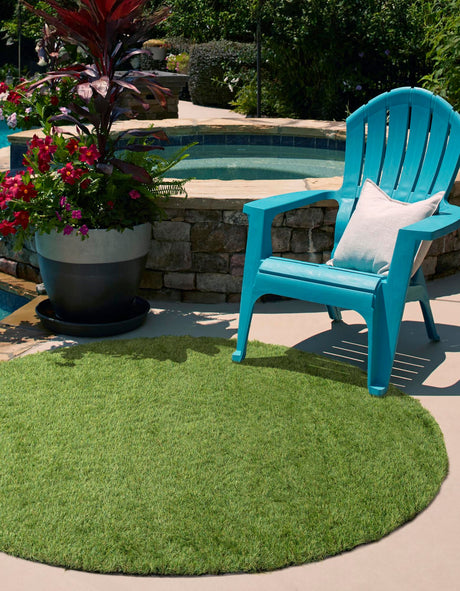 Green 4' 1 x 4' 1 Outdoor Grass Round Area Rug Thick Soft Touch Fluffy & Plush Shaggy Pile Weather Resistant for Patio, Deck, Terrace, Balcony, Porch Grass Carpet Mat for Sale at Rug Engine