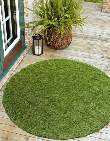 Green 5' 1 x 5' 1 Outdoor Grass Round Area Rug Thick Soft Touch Fluffy & Plush Shaggy Pile Weather Resistant for Patio, Deck, Terrace, Balcony, Porch Grass Carpet Mat for Sale at Rug Engine