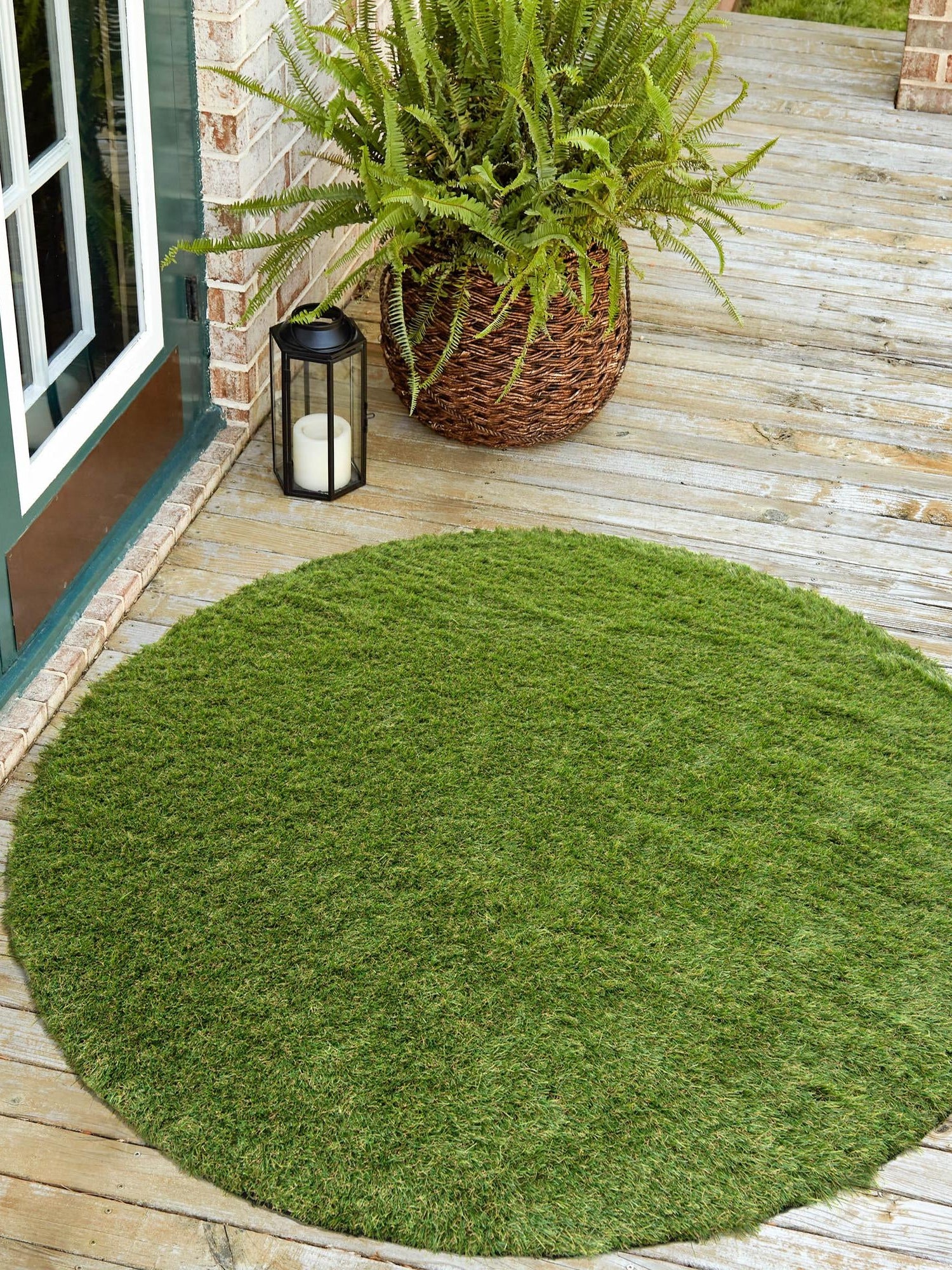 Green 10' x 10' Outdoor Grass Round Area Rug Thick Soft Touch Fluffy & Plush Shaggy Pile Weather Resistant for Patio, Deck, Terrace, Balcony, Porch
