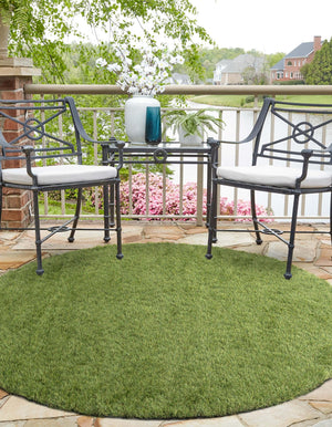Green 5' 1 x 5' 1 Outdoor Grass Round Area Rug Thick Soft Touch Fluffy & Plush Shaggy Pile Weather Resistant for Patio, Deck, Terrace, Balcony, Porch