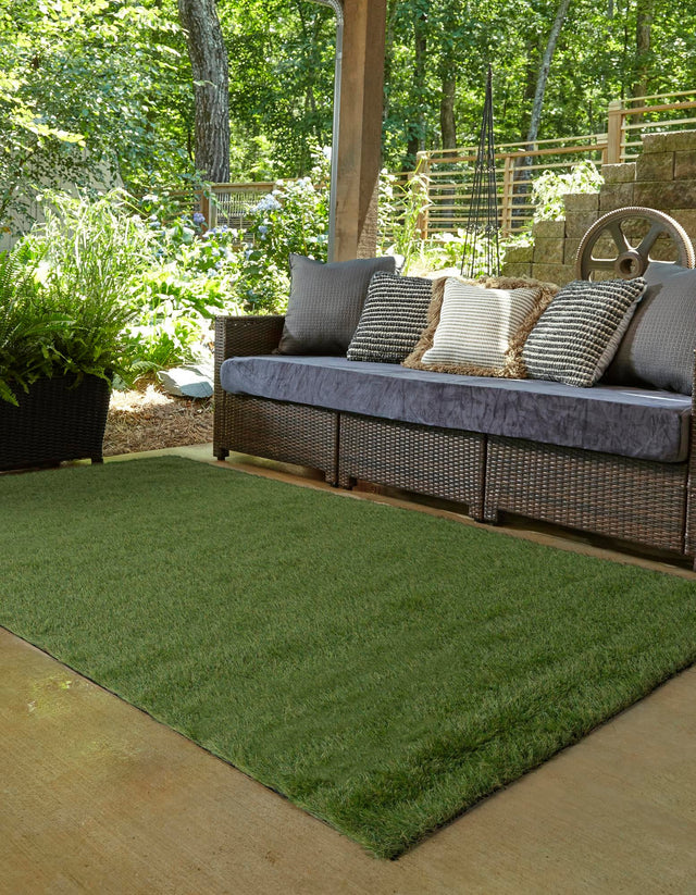Green 7' 10 x 10' Outdoor Grass Rectangle Area Rug Thick Soft Touch Fluffy & Plush Shaggy Pile Weather Resistant for Patio, Deck, Terrace, Balcony, Porch