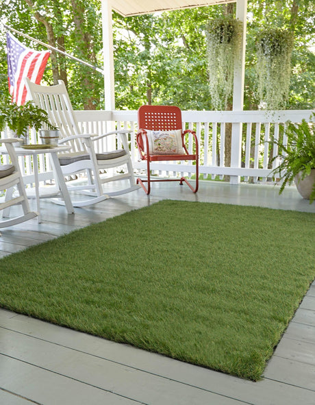 Green 7' 10 x 10' Outdoor Grass Rectangle Area Rug Thick Soft Touch Fluffy & Plush Shaggy Pile Weather Resistant for Patio, Deck, Terrace, Balcony, Porch Grass Carpet Mat for Sale at Rug Engine