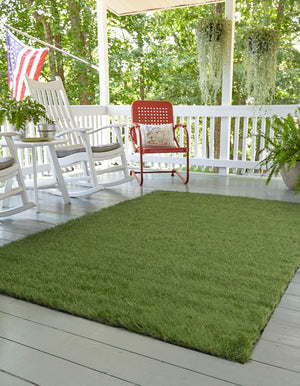 Green 6' 1 x 9' Outdoor Grass Rectangle Area Rug Thick Soft Touch Fluffy & Plush Shaggy Pile Weather Resistant for Patio, Deck, Terrace, Balcony, Porch
