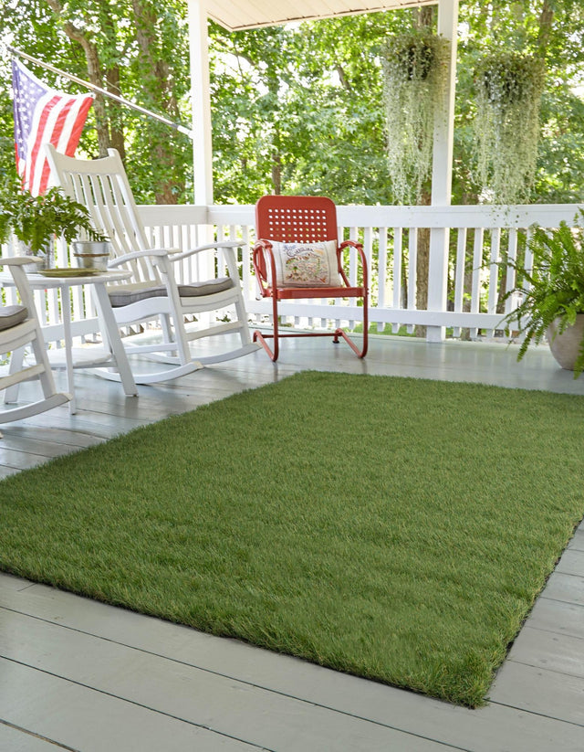 Green 6' 1 x 9' Outdoor Grass Rectangle Area Rug Thick Soft Touch Fluffy & Plush Shaggy Pile Weather Resistant for Patio, Deck, Terrace, Balcony, Porch