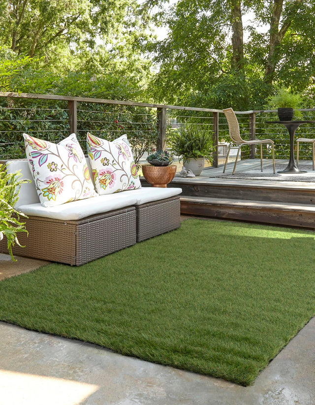 Green 10' x 14' 1 Outdoor Grass Rectangle Area Rug Thick Soft Touch Fluffy & Plush Shaggy Pile Weather Resistant for Patio, Deck, Terrace, Balcony, Porch