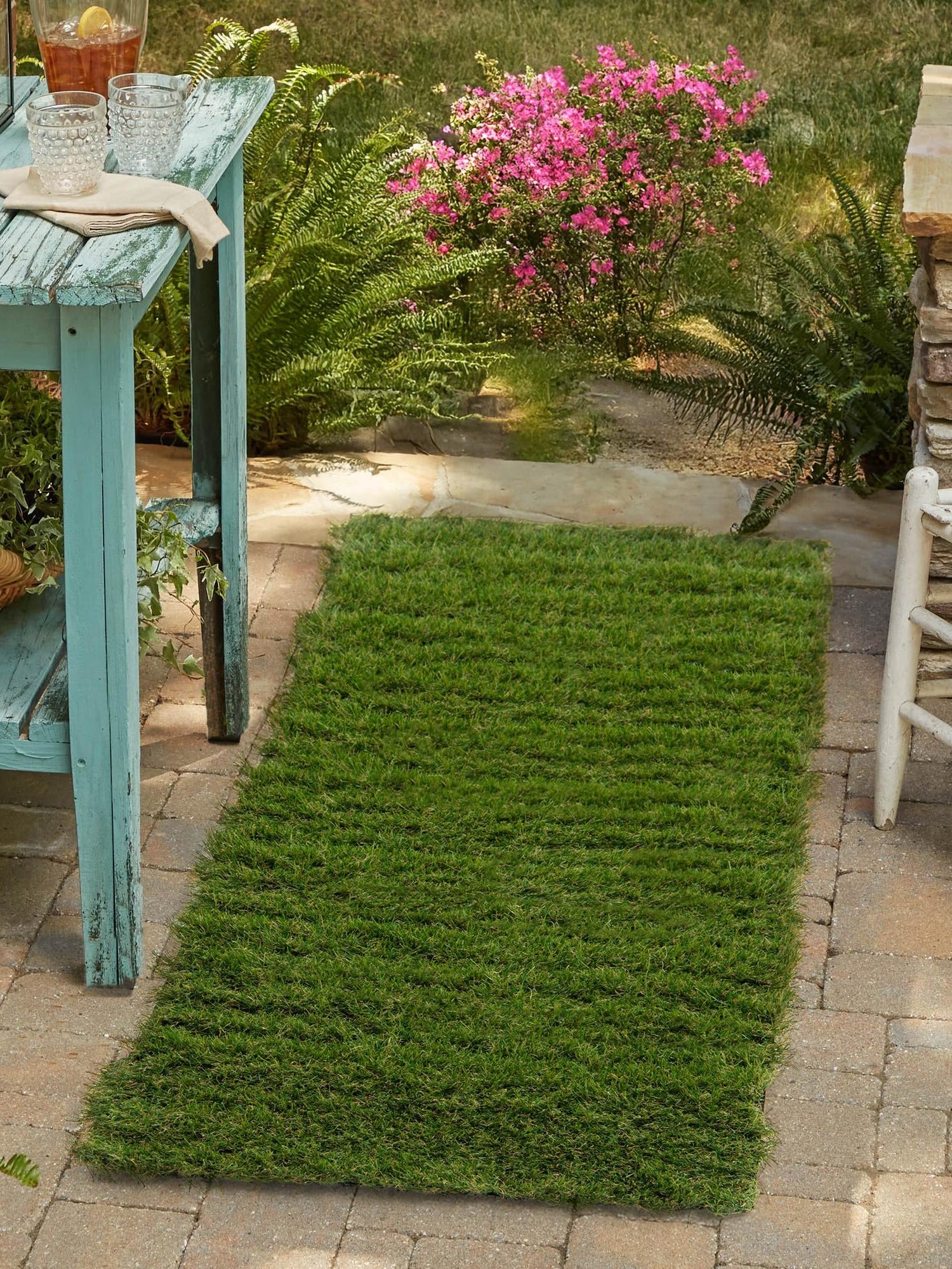 Green 2' 7 x 8' Outdoor Grass Runner Area Rug Thick Soft Touch Fluffy & Plush Shaggy Pile Weather Resistant for Patio, Deck, Terrace, Balcony, Porch