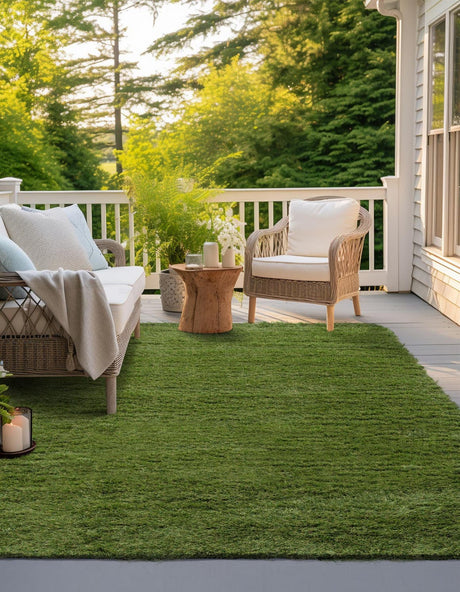 Green 7' 10 x 7' 10 Outdoor Grass Square Area Rug Thick Soft Touch Fluffy & Plush Shaggy Pile Weather Resistant for Patio, Deck, Terrace, Balcony, Porch
