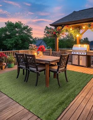 Green 7' 10 x 7' 10 Outdoor Grass Square Area Rug Thick Soft Touch Fluffy & Plush Shaggy Pile Weather Resistant for Patio, Deck, Terrace, Balcony, Porch