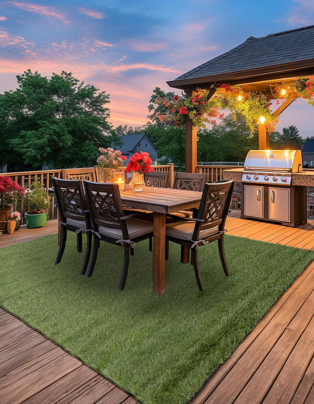 Green 7' 10 x 7' 10 Outdoor Grass Square Area Rug Thick Soft Touch Fluffy & Plush Shaggy Pile Weather Resistant for Patio, Deck, Terrace, Balcony, Porch