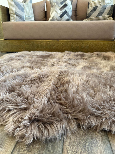 Beige 4' 9 x 6' Natural Sheepskin Freeform Area Rug 100% Genuine Luxury Soft Touch Shaggy Plush Pile Authentic Lambskin Carpet for Interior Design for Sale at Rug Engine