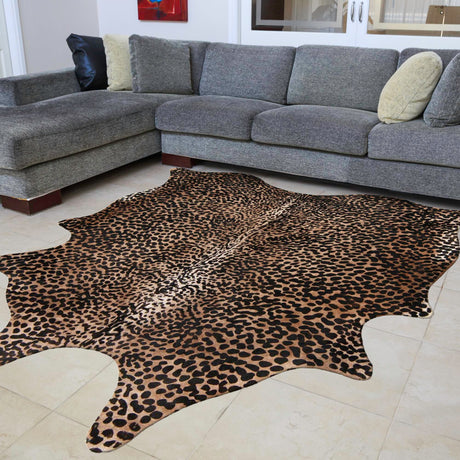 Authentic Luxury Brown and Black 5' 7 x 6' 3 Cowhide Leather Rectangle Area Rug Modern Interior Design 100% Real Natural Cowhide Carpet for Designer Home Decor for Sale at Rug Engine